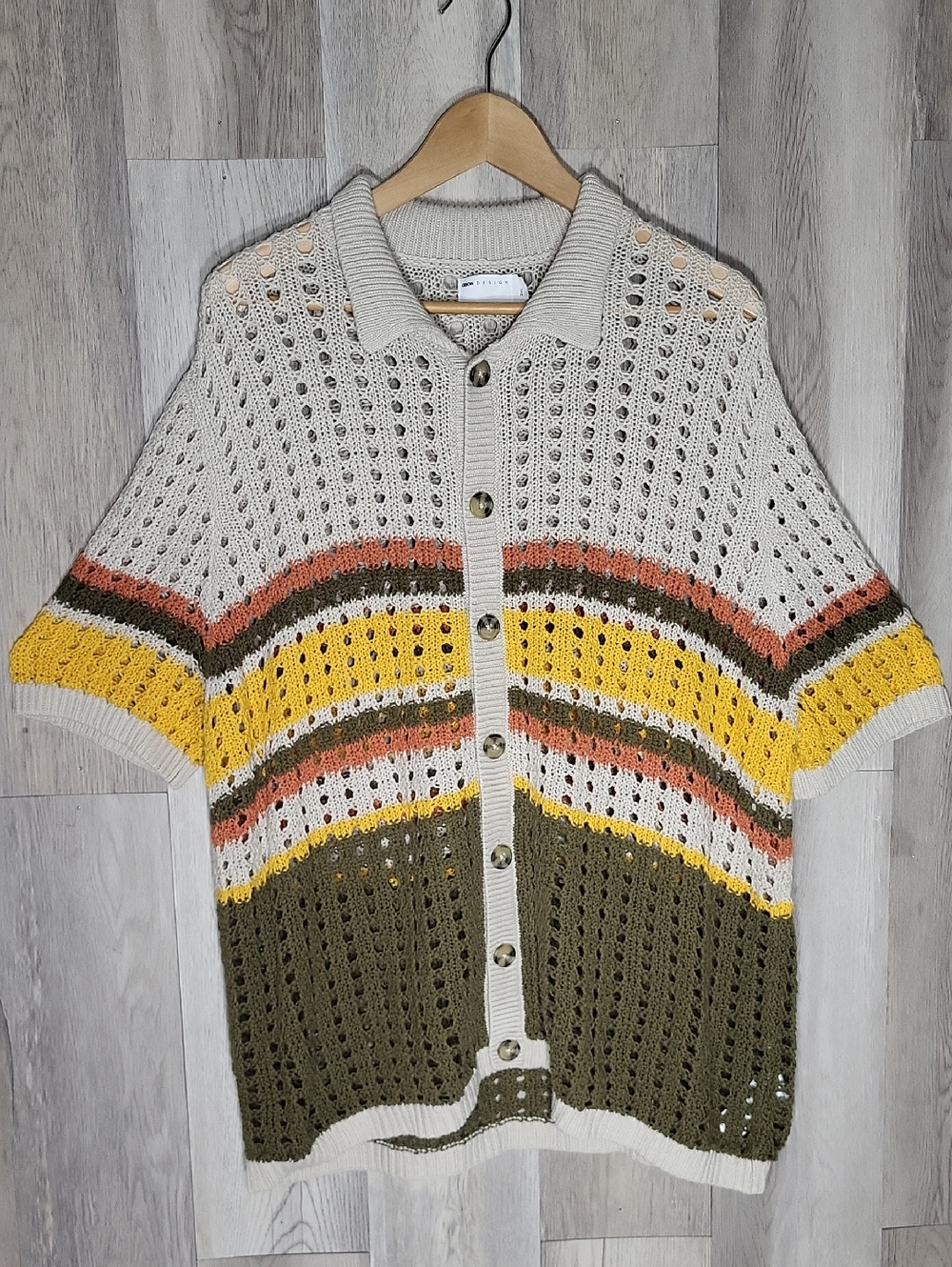 ASOS DESIGN Relaxed Open Knit Pointelle Button Front Stripe Polo  Mens 2XL